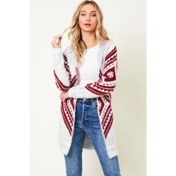 Wine Fuzzy Soft Knit Long Sleeve Aztec Tribal Native Western Cardigan Sweater - Picture 6 of 9